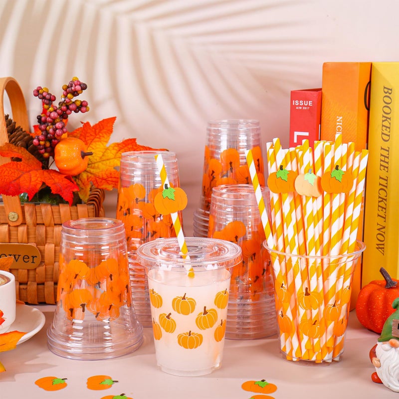 Whaline 50 Pcs Fall Plastic Cups with Lids and Straws Orange Pumpkin Clear Plastic Cups 12 Oz Pumpkin Disposable Cup for Autumn Thanksgiving Party Supplies - Image 4